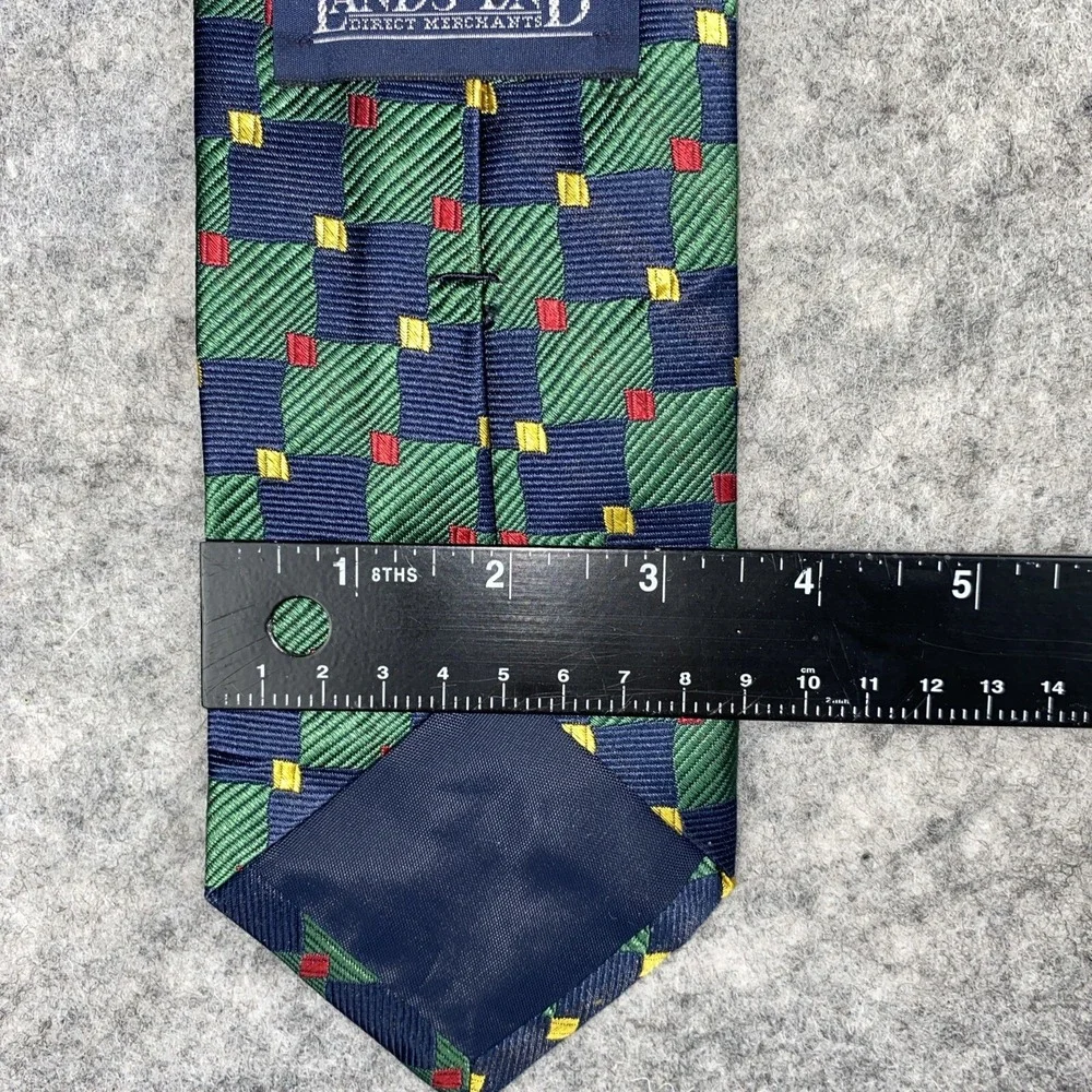 VTG Lands End Silk Necktie Navy Green Yellow Red‎ Hand Sewn Holiday USA